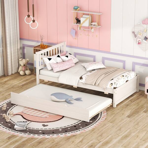 slide 2 of 9, Twin Size Platform Bed with Trundle Bed, Wooden Twin Bed Frame with Headboard and Solid Wood Slats Support for Kids,Teen,Adult White Washed - Twin