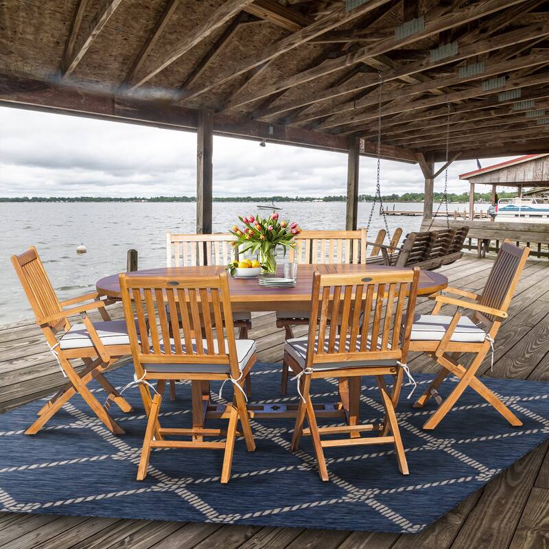 Seven Seas Teak 7 Piece Teak Wood San Diego Patio Dining Set with Round to Oval Extension Table, 2 Arm Chairs and 4 Side Chairs