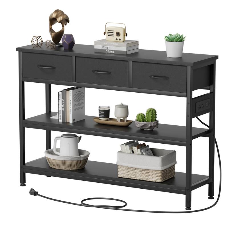 43.3" Console Table with 3 Fabric Drawers, Power Outlets & USB Ports - Black