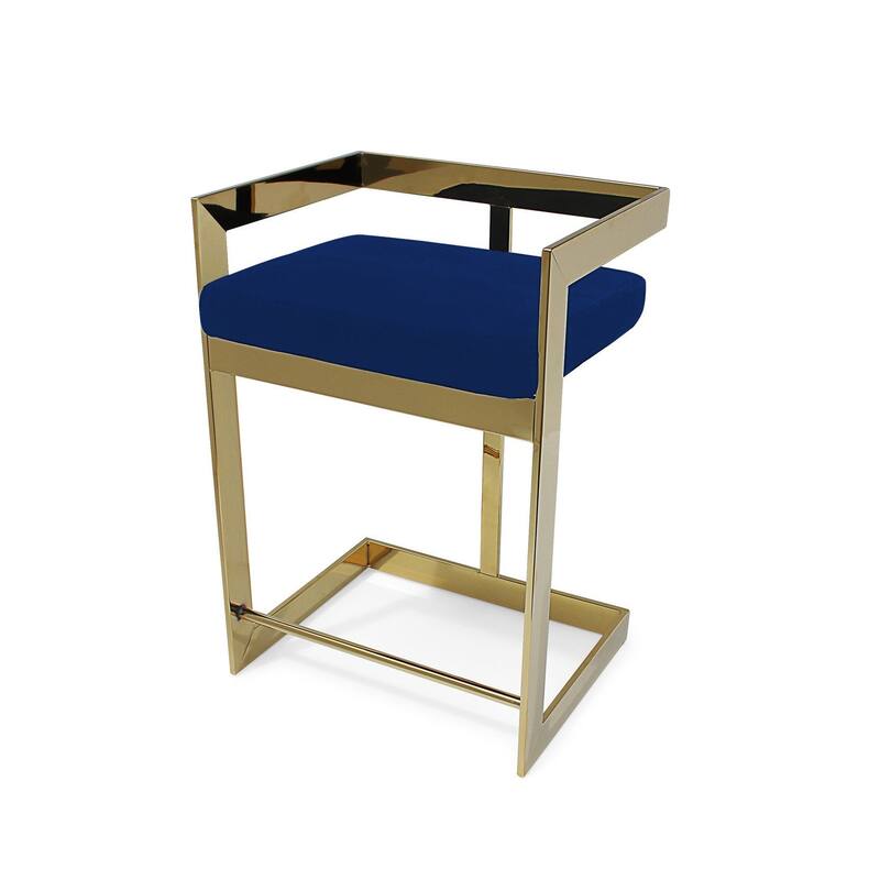 HomeRoots 26" Blue and Gold Metal and Velvet Low Back Counter Height Bar Chair