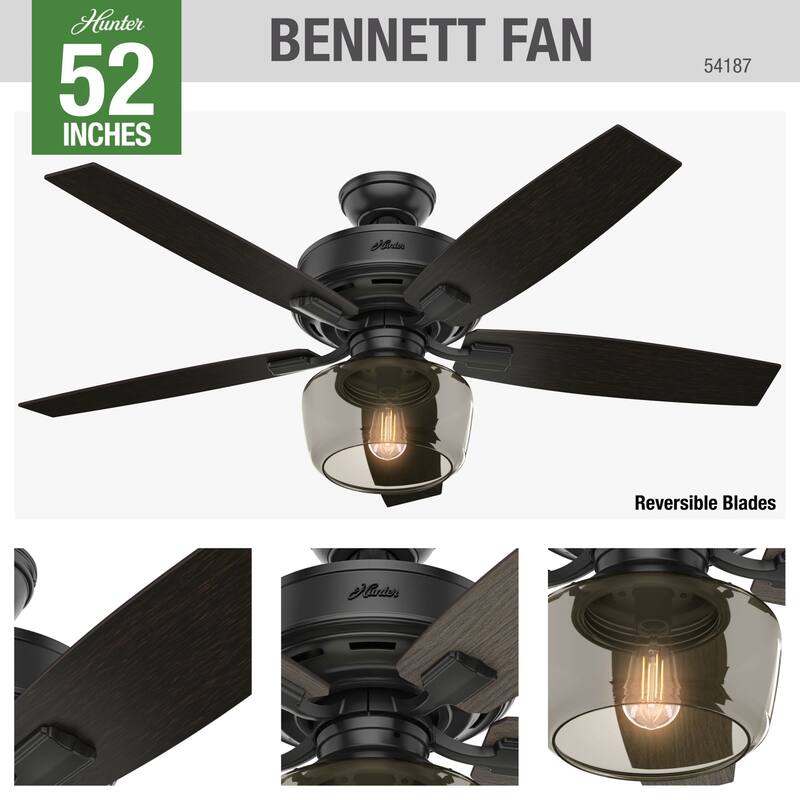 Hunter 52" Bennett Ceiling Fan with Bowl LED Light Kit and Handheld Remote - Transitional, Modern Farmhouse