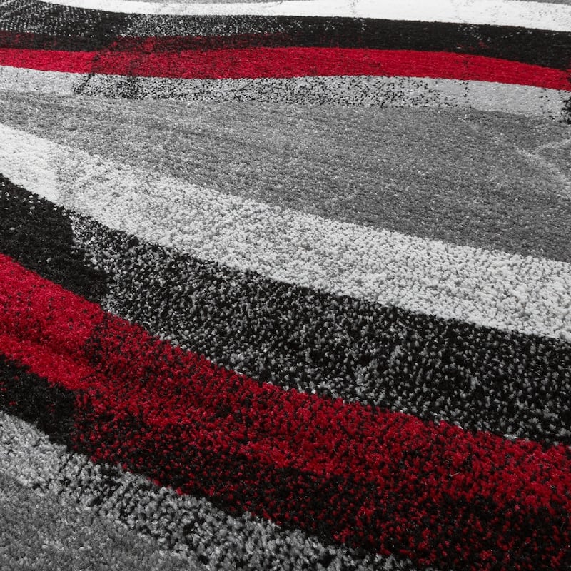 Grey Red Designer Rug with Modern Wave Effect Abstract