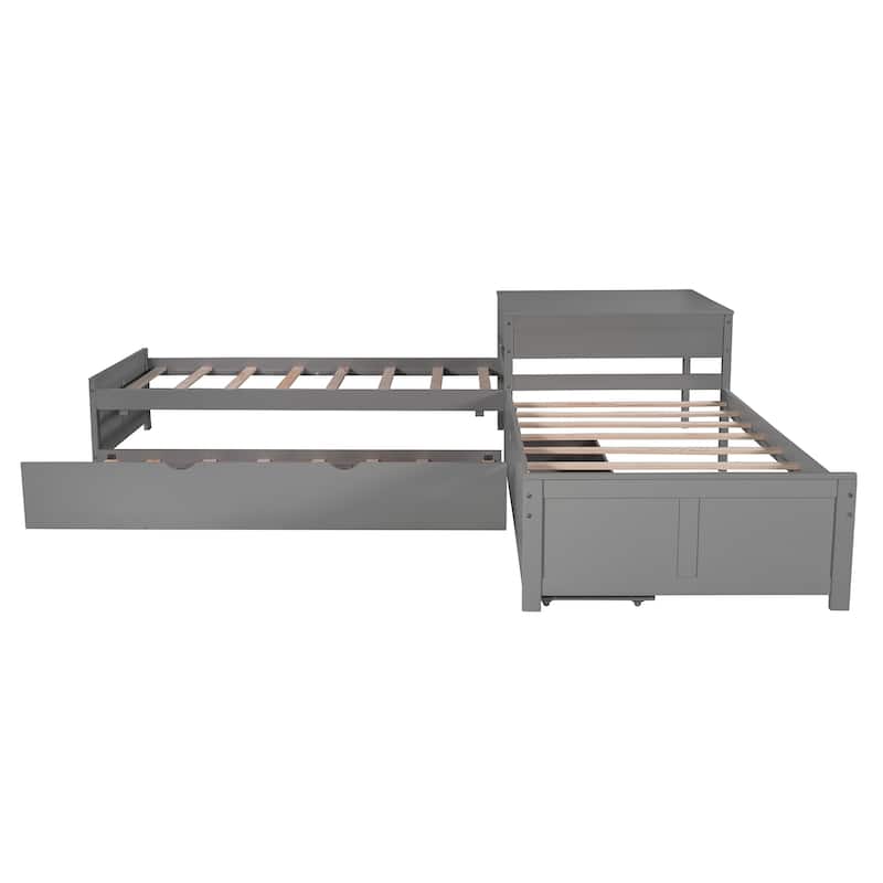Double Twin Pine L-shaped Platform Bed with Convertible Trundle, Drawers, Built-in Desk