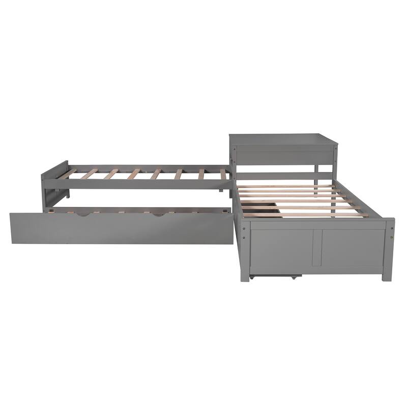 Solid Wood L-Shaped Bed with Trundle, Desk & Drawers - 3-in-1 Sleeping and Study Area