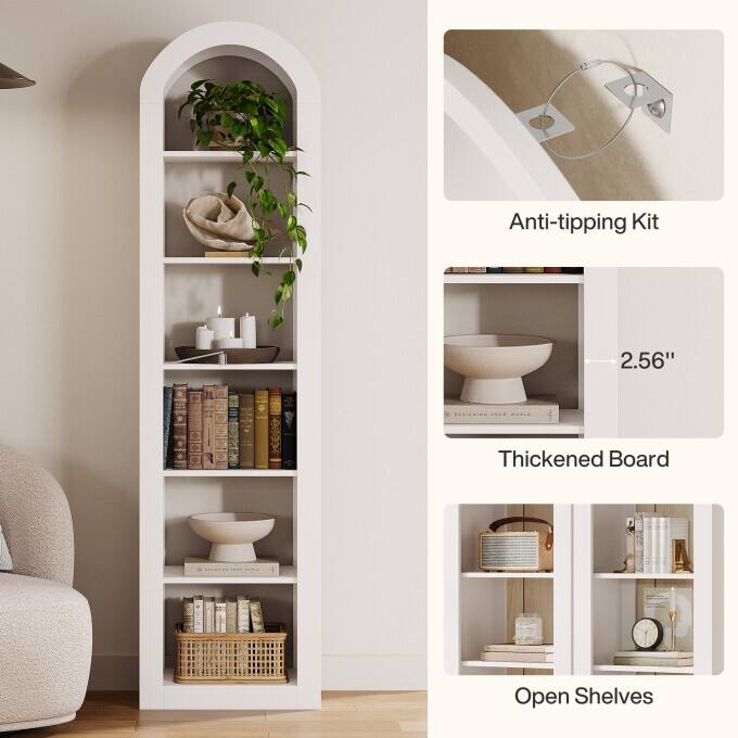 74.8-Inch Arched Tall Bookshelf, 6-Tier Rustic Wooden Bookcase