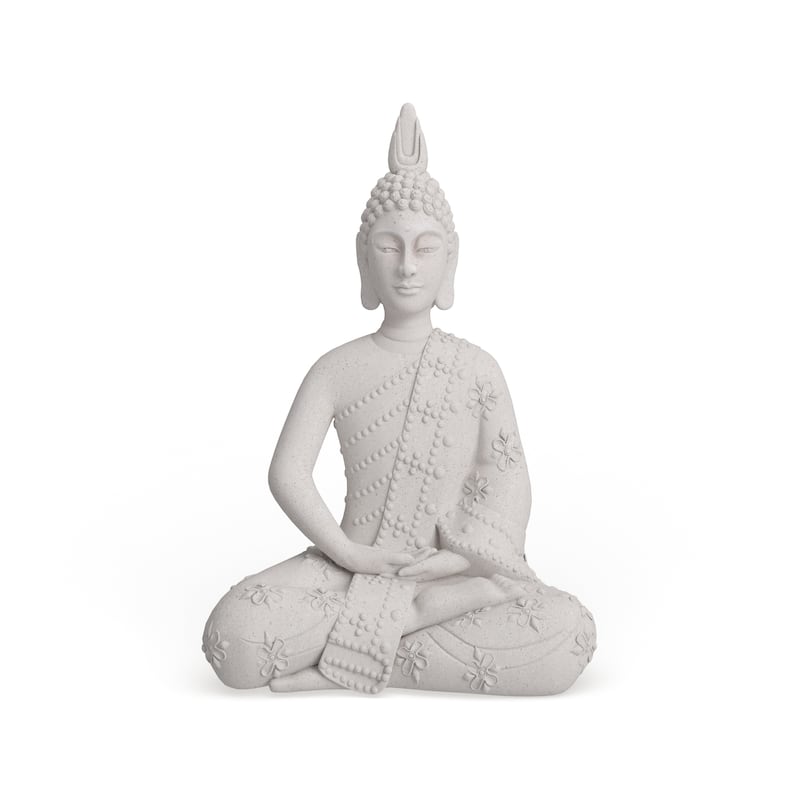 Gray Magnesium Oxide Indoor Outdoor Meditating Buddha Decorative Garden Sculpture with Floral Carvings and Beaded Details