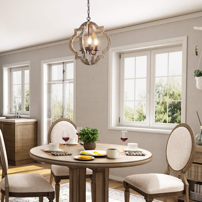 Farmhouse 3-Light Lantern Wood Chandelier Foyer Island Lights for Dining Room - D 16" x H 77.5"