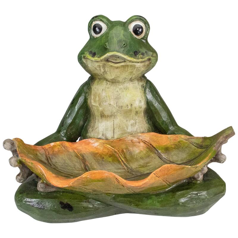 14" Green Frog with Leaf Birdfeeder Outdoor Garden Statue