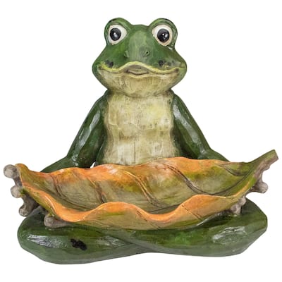 14" Green Frog with Leaf Birdfeeder Outdoor Garden Statue