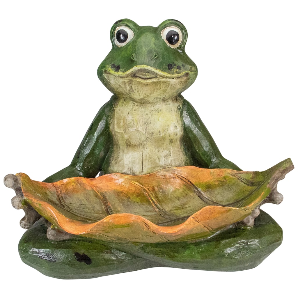 14" Green Frog with Leaf Birdfeeder Outdoor Garden Statue