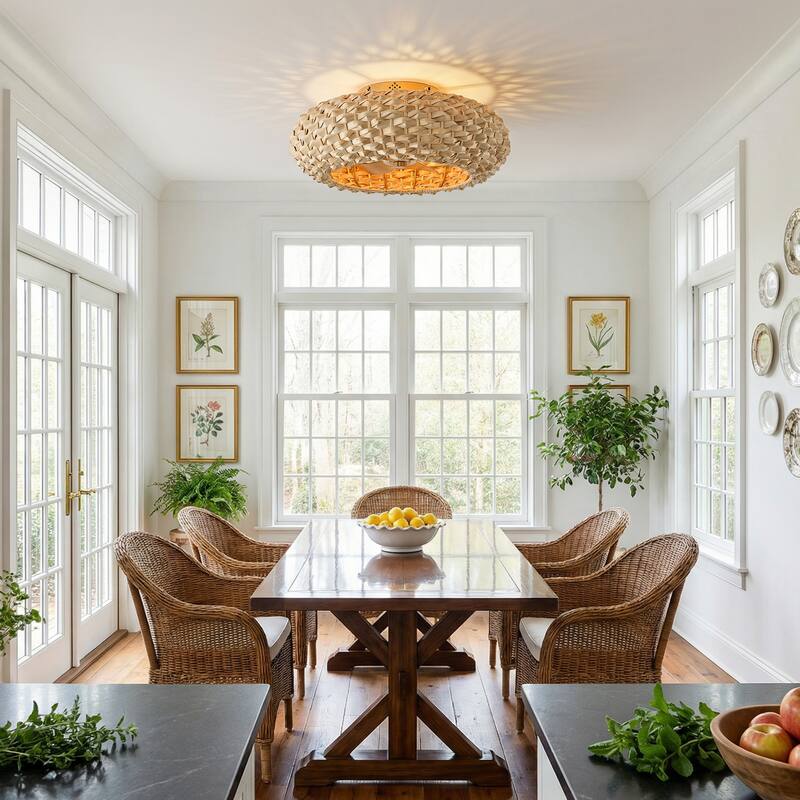 21" Farmhouse Natural 4-Light Handwoven Bamboo Flush Mount Ceiling Fan with Remote