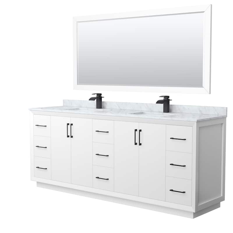 Strada 84-Inch Double Vanity Set, Carrara Marble Top, 70-Inch Mirror - White, Black Trim, Carrara Marble Top