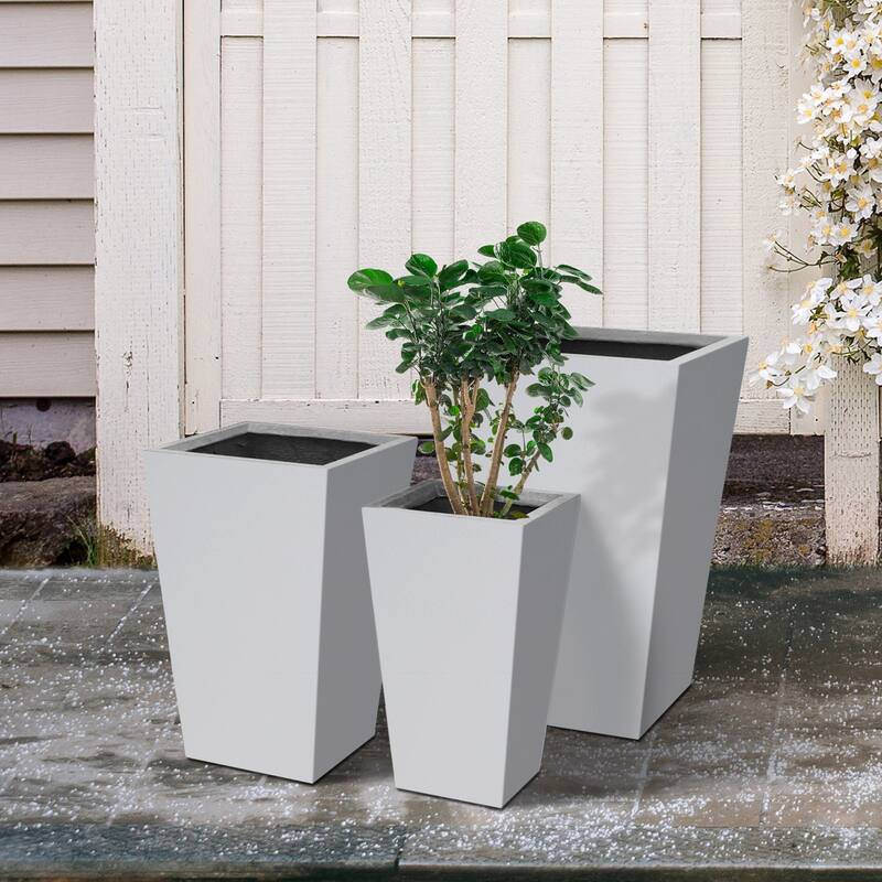 Kante 24", 18", 15.7" Tall Tapered Pure White Concrete Metal Planters (Set of 3), w/ Drainage Hole, Modern Style for Home/Garden