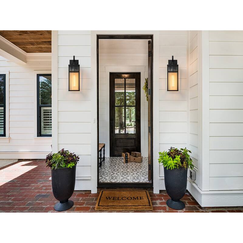 Black Outdoor Wall Lantern with Striped Glass