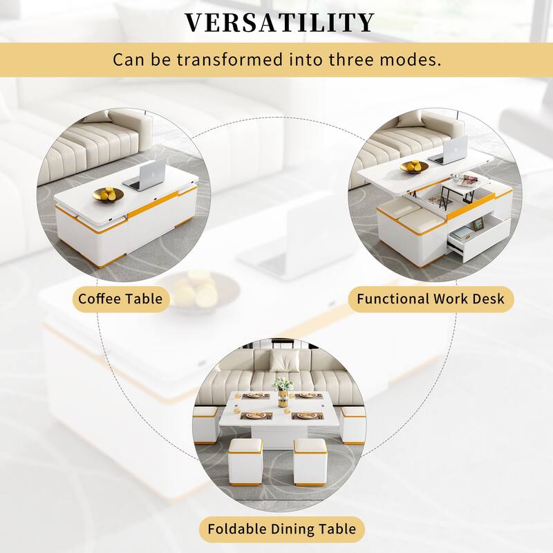 Lift-Top Coffee Table with 4 Storage Stools, Modern Space Saving Center Table with Foldable Top