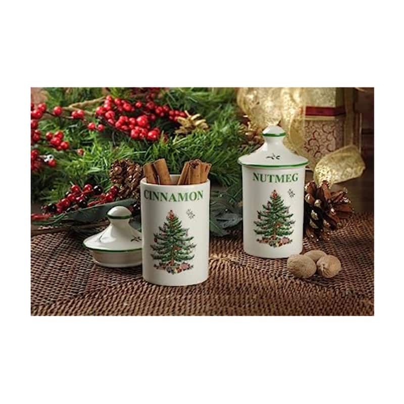 Spode Set of 2 Christmas Tree Spice Jars - 2" D x 4.5" H
