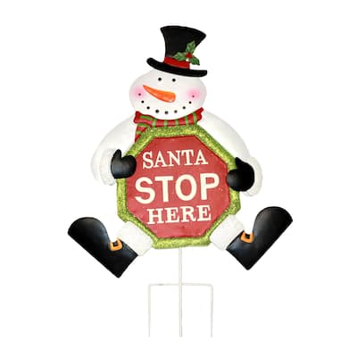 25" Metal Santa Stop Here Snowman Stake - Multicolor