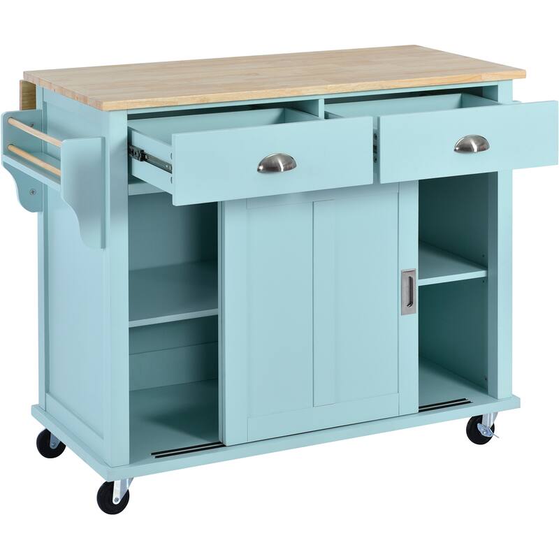 Rolling Kitchen Island with Drop-Leaf Countertop, Adjustable Shelves, 2 Drawers & Sliding Barn Door - Mint Green