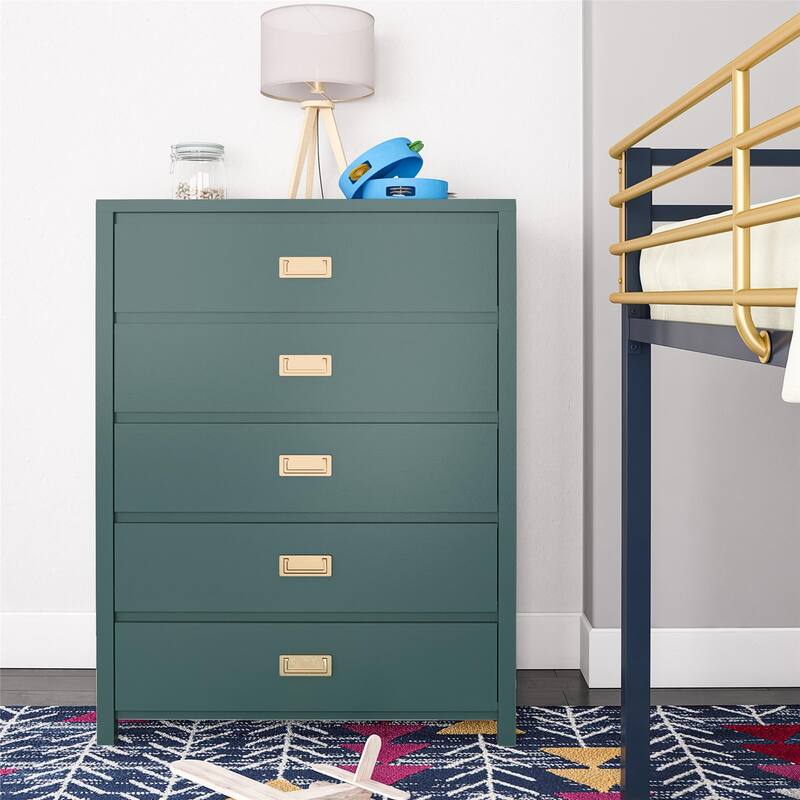Anmytek Teal 5-Drawer Kids' Dresser with Brass Hardware, Modern Storage for Bedroom Entryway Nursery