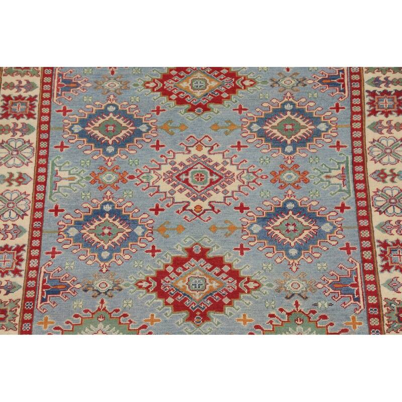 Light Blue Geometric Kazak Rug Living Room Hand-Knotted Wool Carpet - 5'0" x 6'7"
