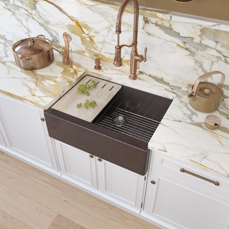 33" Self-Trimming Hammered Copper Single-Bowl Farmhouse Kitchen Sink