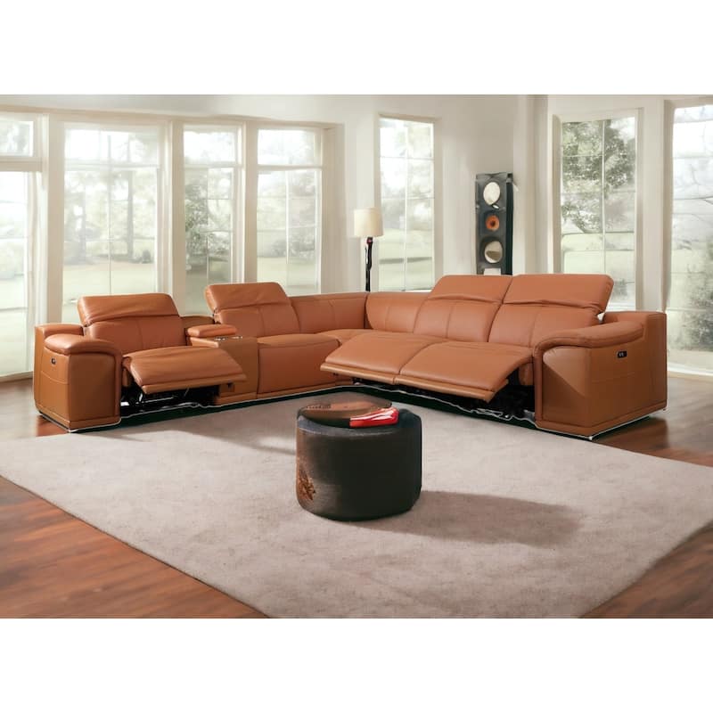 HomeRoots Camel Italian Leather Power Reclining U Shaped Six Piece Corner Sectional With Console - Symmetrical - Camel