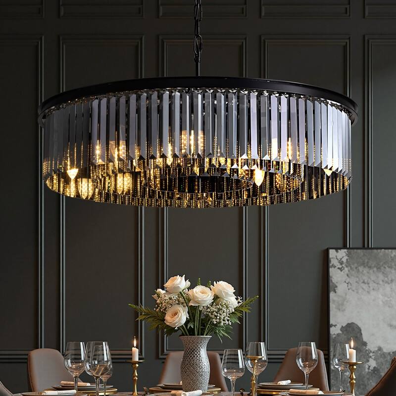 30-inch Smoky Gray Round Chandelier 2-Tier Modern Crystal Chandelier Kitchen Island Pendant Light for Dining Room Bedroom - Smoked Grey Chandelier