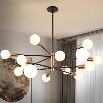 12-Light Sputnik Chandelier, Black and Gold Chandeliers Pendant Lighting,Modern Farmhouse Light Fixture Mid Century Brass