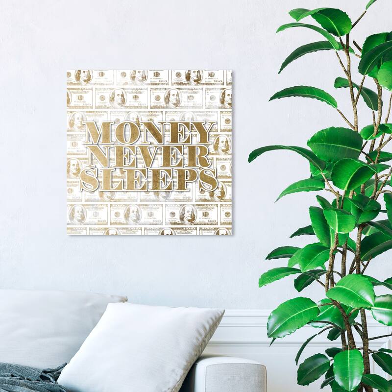 Hatcher and Ethan Prints 'Money Never Sleeps Gold' Typography and Quotes Gold Wall Art Canvas Print - 20 x 20