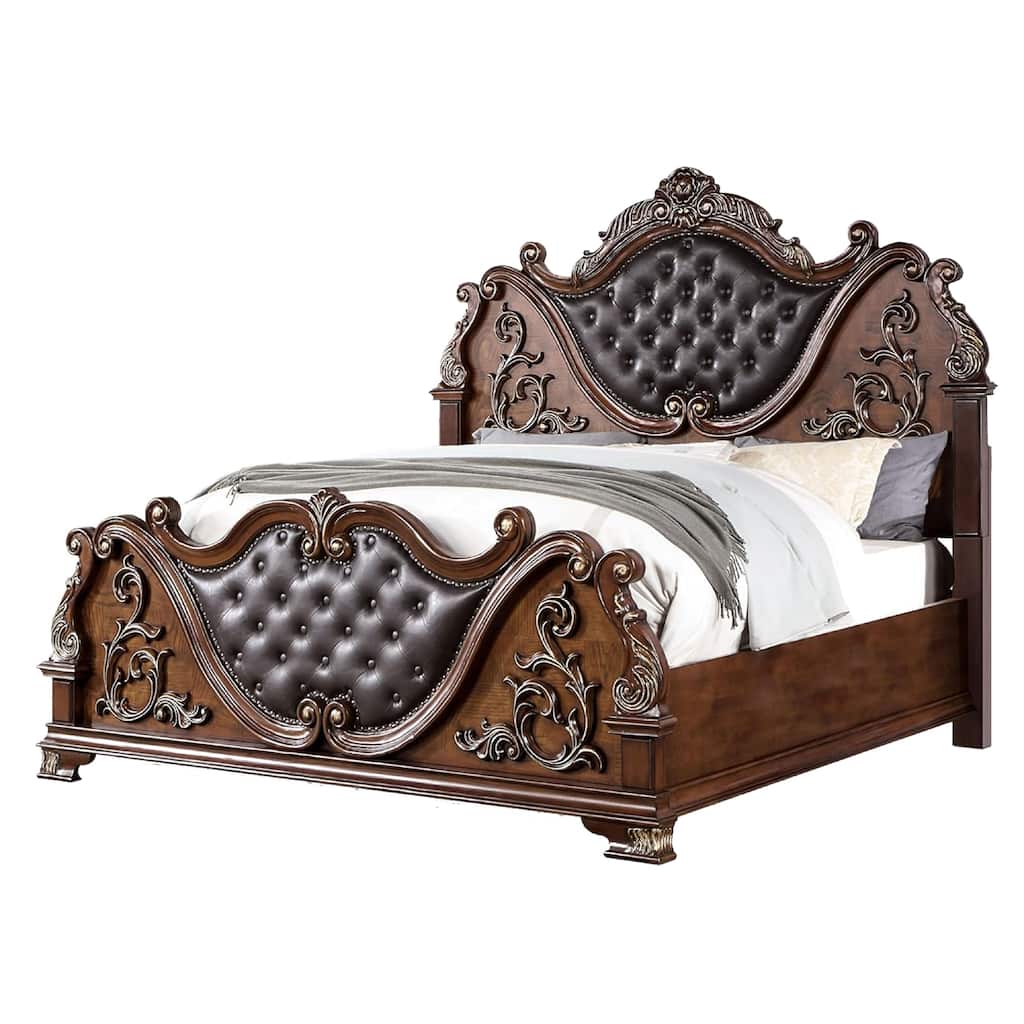 Prio Queen Bed with Carved Details, Brown Button Tufted Faux Leather