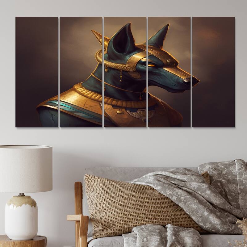 Designart "Vintage Anubis Ancient Egyption Jackal God IX" Egyptian Woman Multipanel Canvas Art Print set - 60 In. Wide X 28 In. High - 5 Panels Equal Panels