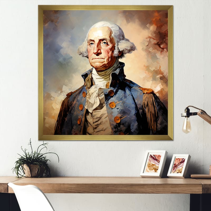 Designart "Vintage Portrait Of President George Washington I" President/Political Blue Living Room Framed Canvas Art - 30 in. wide x 30 in. high - Gold