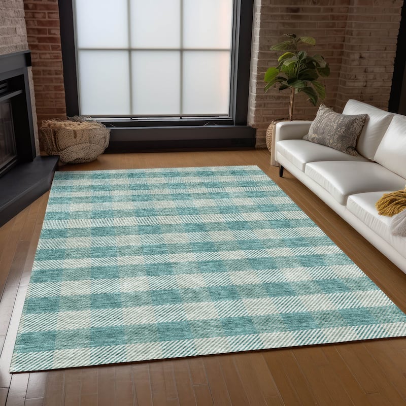 Machine Washable Indoor/ Outdoor Chantille Plaid Stripe Rug