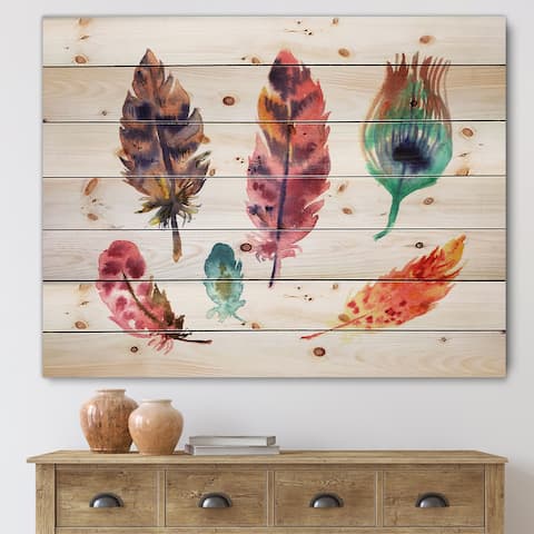 Designart 'Colourful Boho Feather Set II' Bohemian & Eclectic Print on Natural Pine Wood