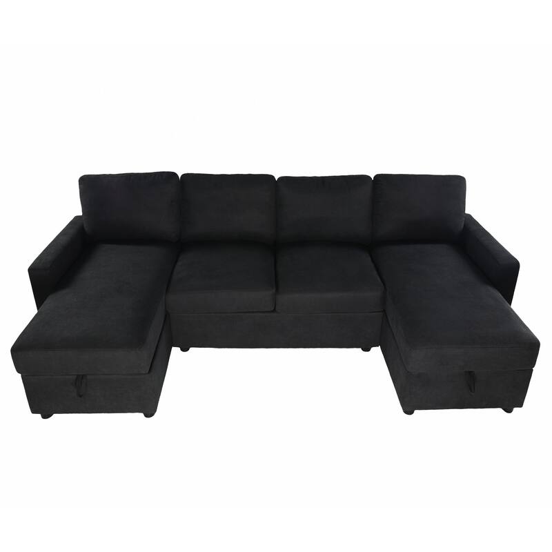 103.9" Convertible U-shaped Sofa with 2 Storage Chaise Lounges, 4 USB Ports, Black Polyester