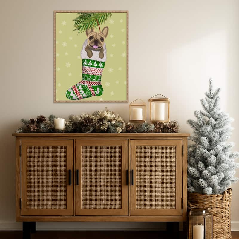 French Bulldog in Christmas Stocking by Fab Funky (23 x 28 in.), Framed Canvas Wall Art Print - Sylvie Beaded Rustic Natural