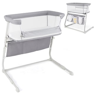Gray Metal Fabric Mesh Baby Bassinet Bedside Sleeper with Adjustable Height and Storage Pockets - 37" x 27.5"