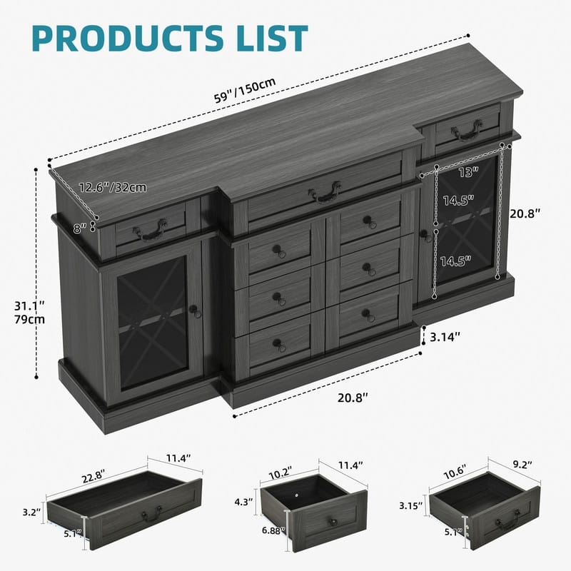 Moasis Farmhouse 59" TV Stands with 9 Drawers and Adjustable Shelves & Tempered Glass Doors