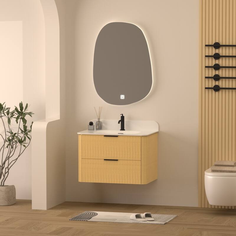 30" Floating Bathroom Vanity with Integrated countertop Rectangulare Sink Solid Wood
