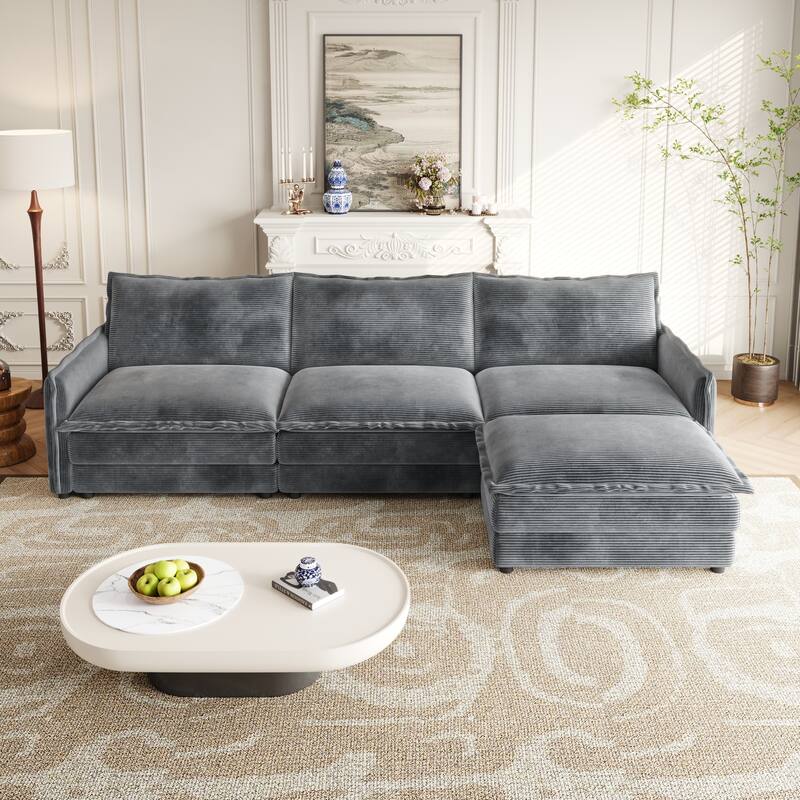 109" Corduroy 3-Seater Cloud Sectional Sofa with Movable Ottoman