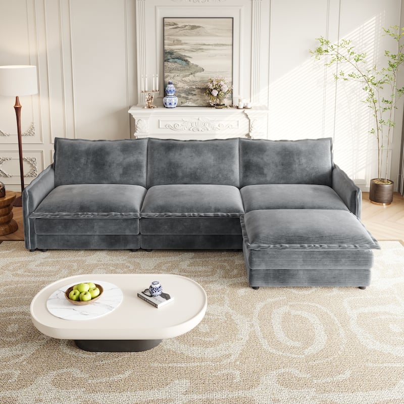 Corduroy Cloud Sectional Sofa Modular L Shaped Couch with Ottoman