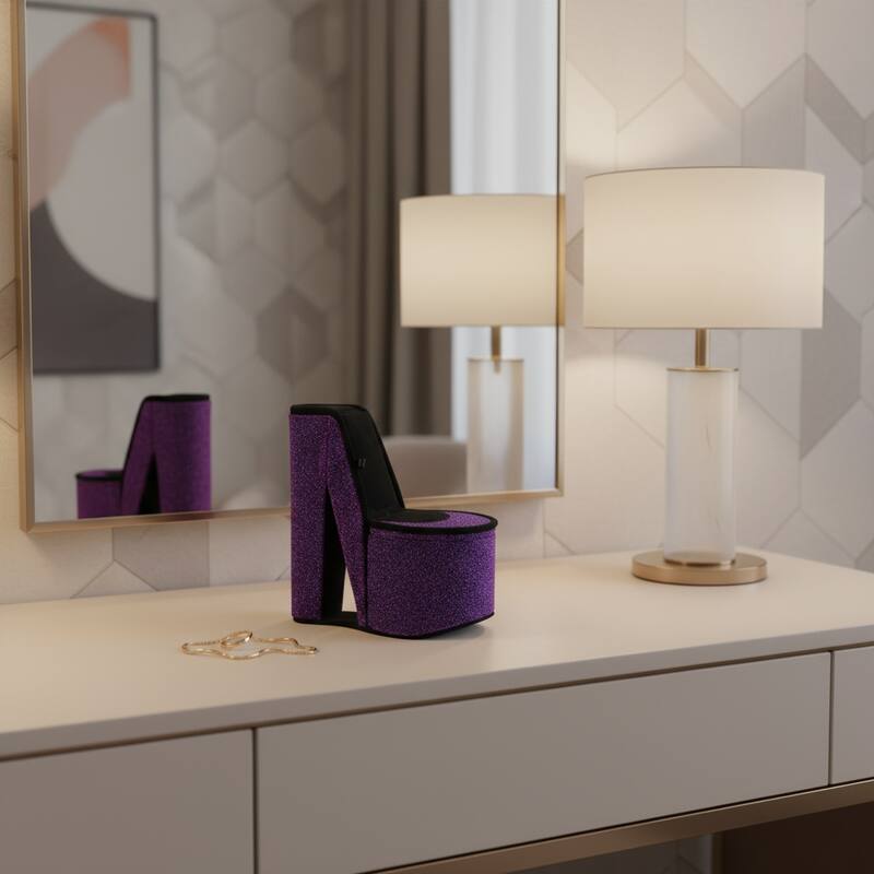 9" Blue And Black Glitter Velvet High Heel Jewelry Box - Purple/Black