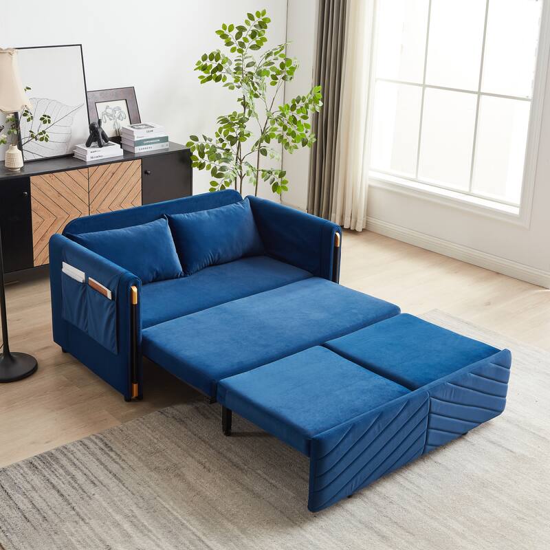 54" Velvet Pull-Out 2-Seater Sofa Bed with Adjustable Backrest & 2 Pillows
