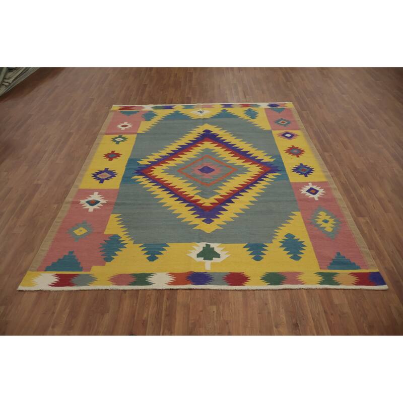Hand Woven Oriental 100% Wool Carpet Southwestern Tribal Multi-Colored Kilim Area Rug - 9' 7'' X 7' 10''