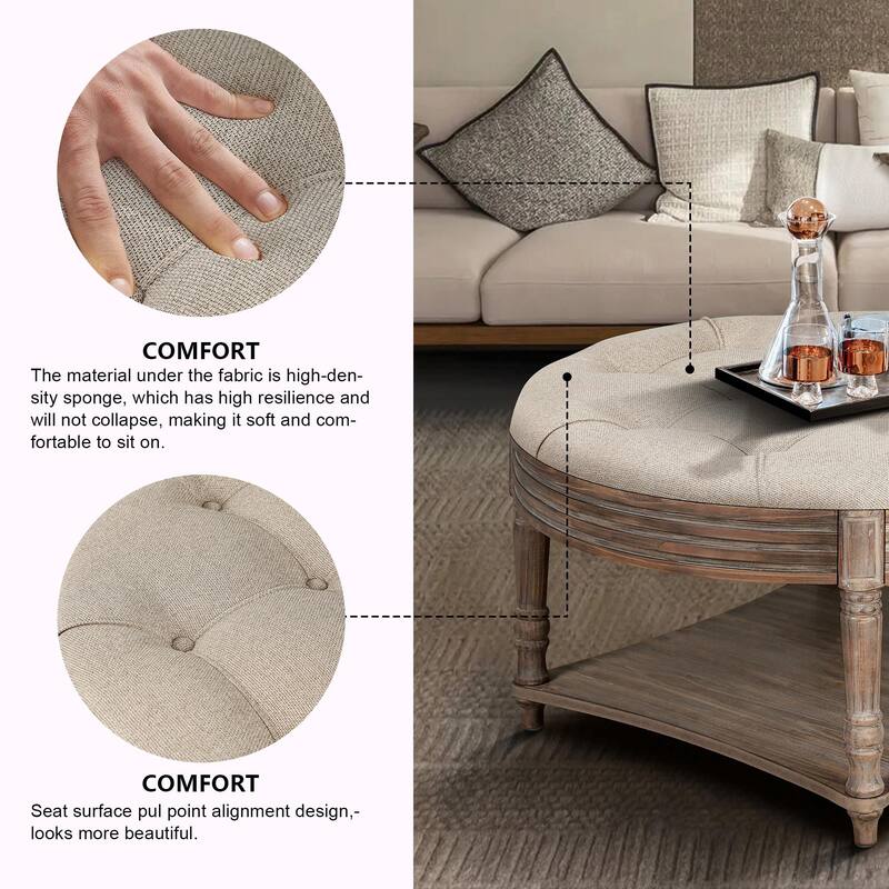 Large Round Ottoman Coffee Table - 2-Tier Button-Tufted with Wooden Shelf Storage