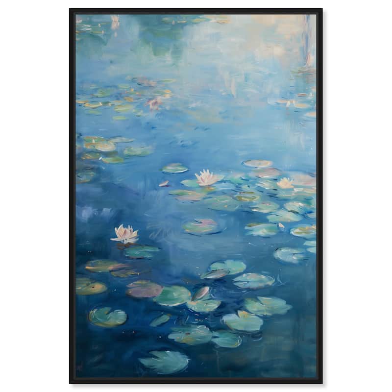 Art Remedy Lilypads In Blues Framed Impressionism 1 Piece Canvas Wall Art /Monet And Van Gogh Inspired Art - 21 x 31 - Black