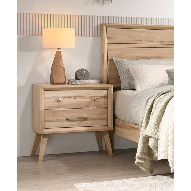 Classic Style 2-Drawer Nightstand with Natural Oak Finish, Brushed Nickel Knobs & Bar Pulls - Oak
