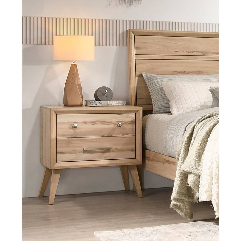 Classic Style 2-Drawer Nightstand with Natural Oak Finish, Brushed Nickel Knobs & Bar Pulls