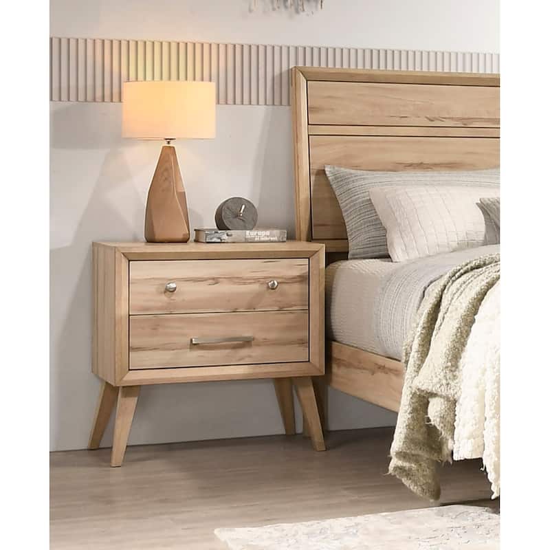 Classic Style Nightstand of 2x Drawers Natural Oak Wooden Bedroom Furniture 1pc, Mid-Century Modern Design