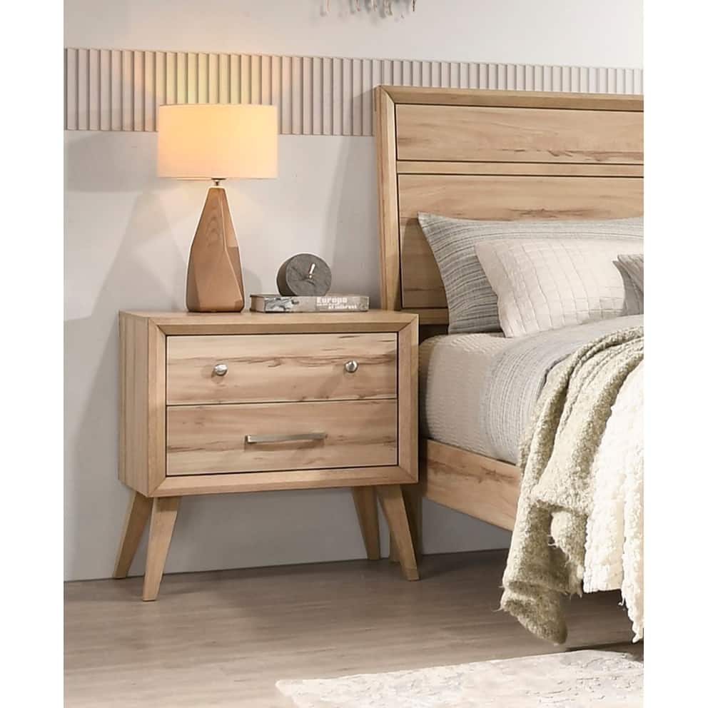 Classic Style Nightstand of 2x Drawers Natural Oak Wooden Bedroom Furniture 1pc, Mid-Century Modern Design
